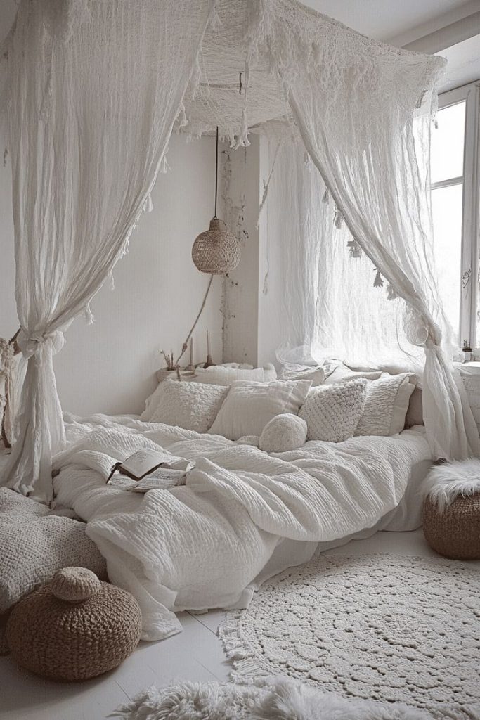 Cozy boho bed with layered textures and blankets